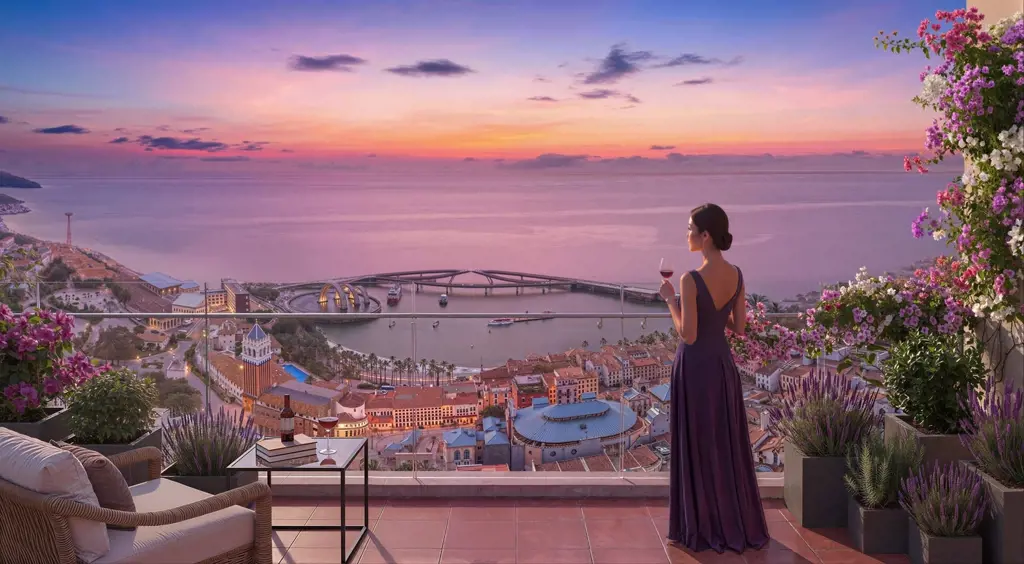 A woman in an elegant purple dress holds a wine glass on a floral balcony overlooking Sunset Town and Kiss Bridge in Phu Quoc during sunset.
